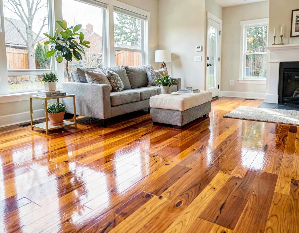 Refinished glossy hardwood floor in a bright modern living room