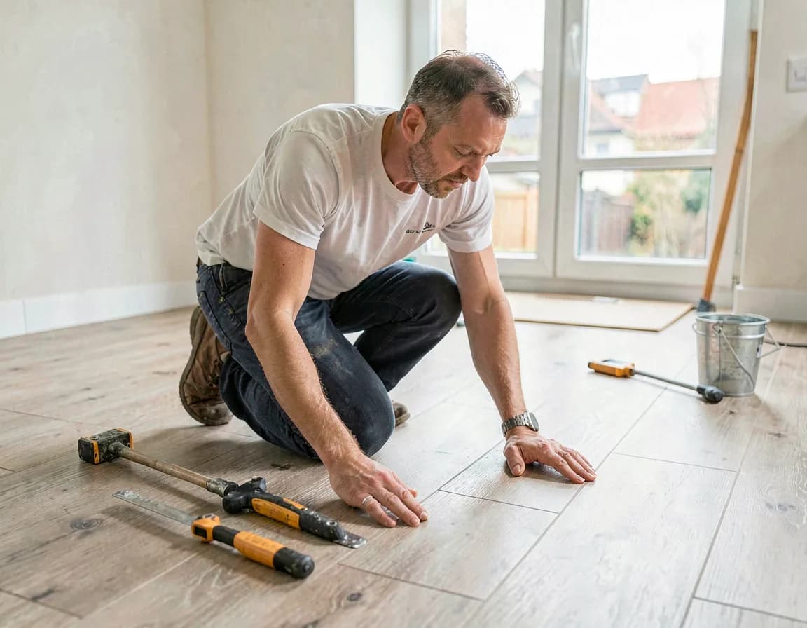 Flooring installer laying luxury vinyl plank flooring